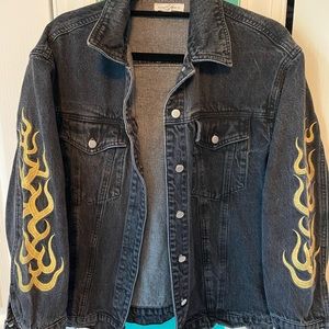 Honey Punch Black Denim Jacket with Flame Embroidery on sleeves